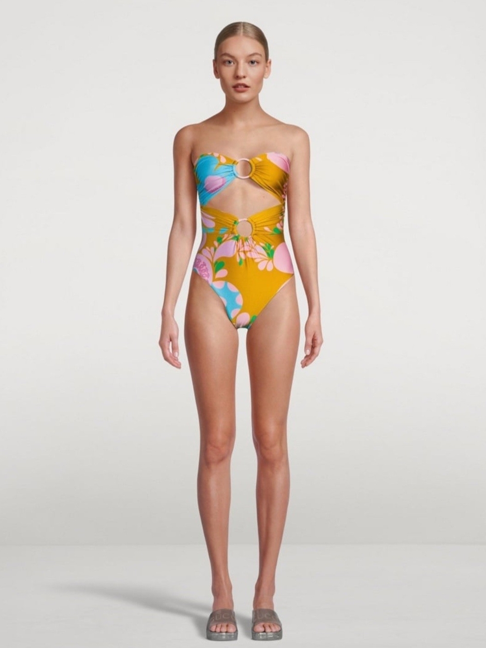 Zimmermann Teddy Double Mustard Floral Cutout One-Piece with Pink & Blue Accents